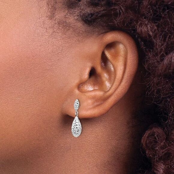 Kazi Luxury 14k White Gold Diamond-cut Puff Teardrop Dangle Earrings